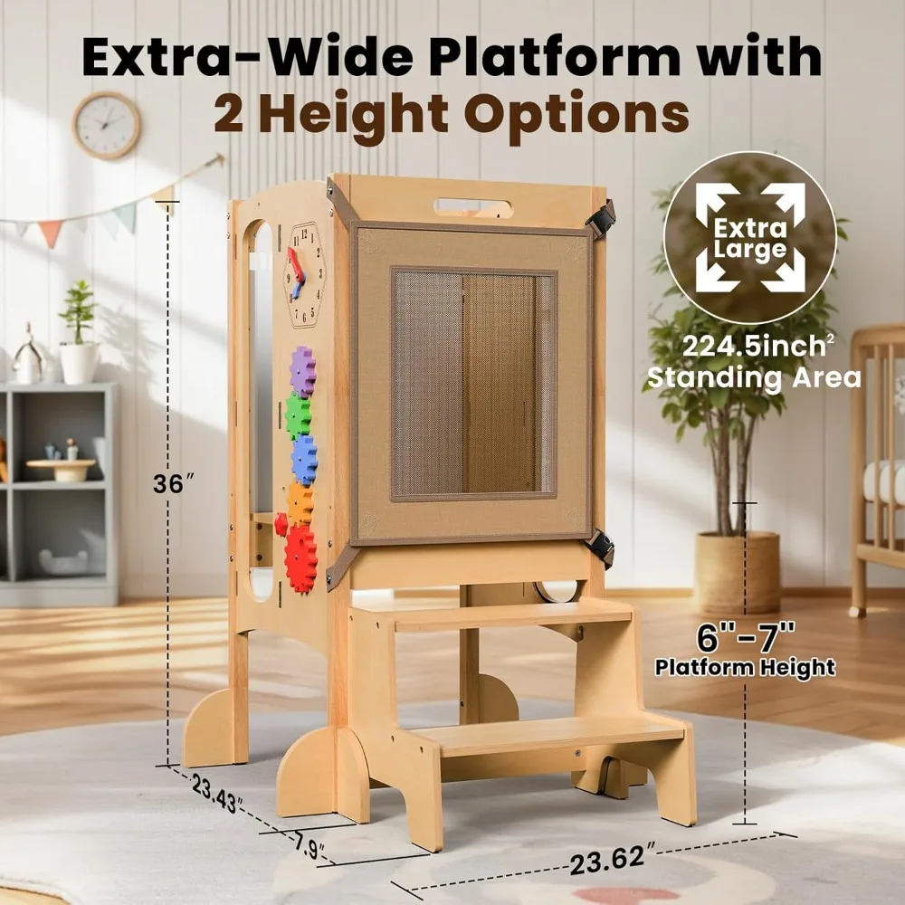 Foldable Toddler Kitchen Tower with Safety Net, Adjustable Height, Montessori Activities & 2-Step Stool