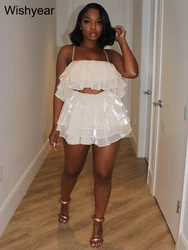 Wishyear Tulle Layered Crop Top Shorts Skirts Party Festival Ruffle Two Piece Summer Outfits for Women New In Matching Sets 2023