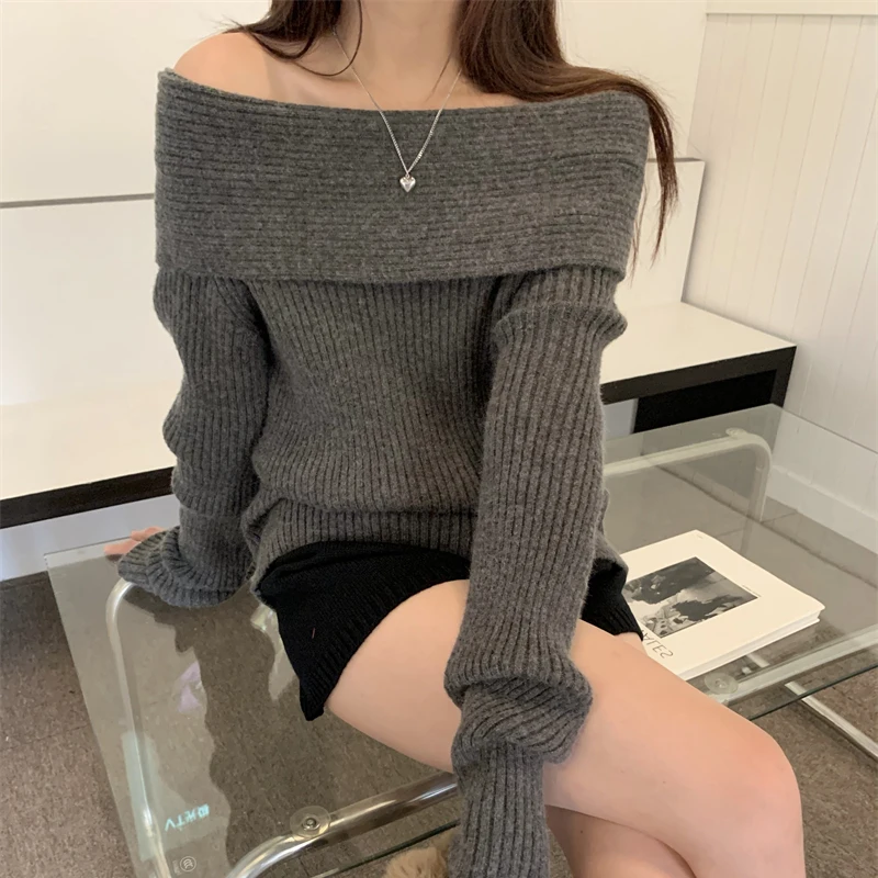 One-line Neck Off-shoulder Collarbone Sweater Women Spring and Winter Fashion Fashion with Long Sleeve Bottom Top 310