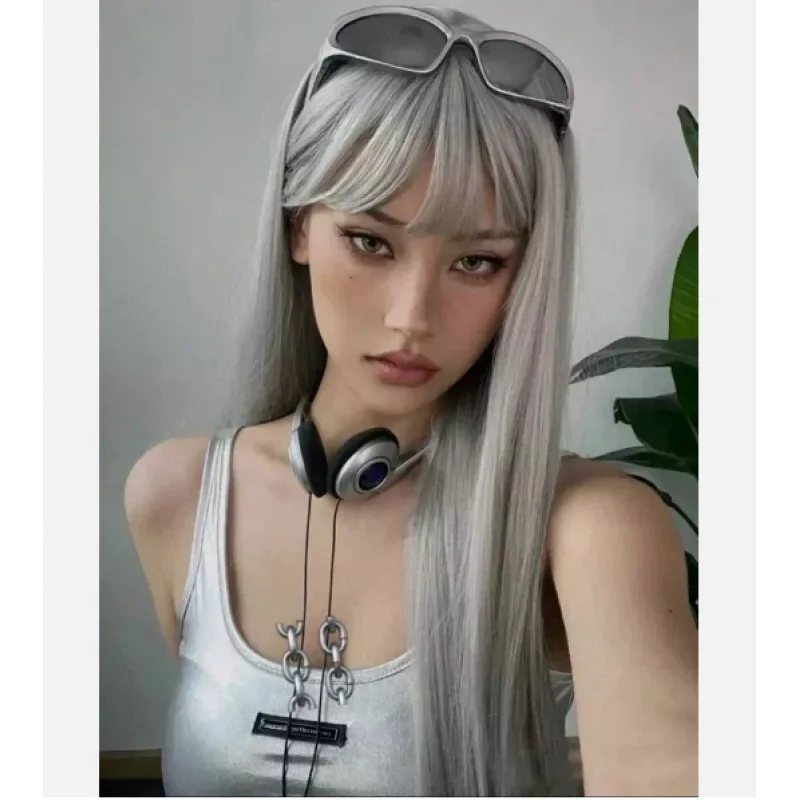진짜 머리 새로운 패션 글래머 여성 실버 스트레이트 인간의 머리 가발 26In