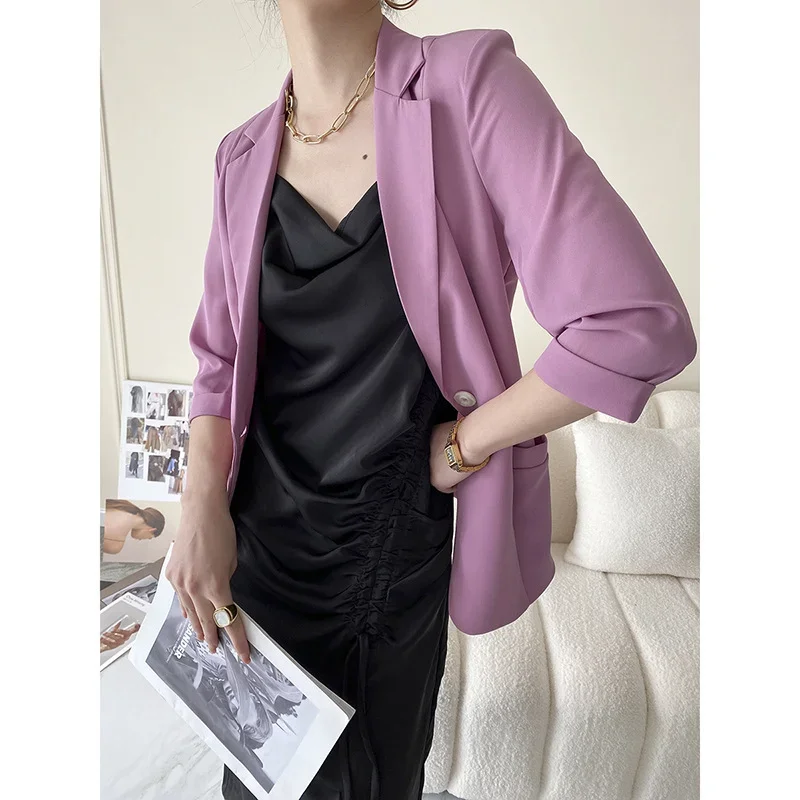 Black Suit Jacket Chiffon Blazers Women 2023 Half Sleeve Spring Autumn Korean Style Casual High-end Slim Suits Straight Coats