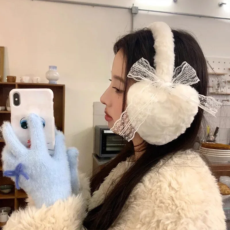 Hiver nouveau japonais doux fille mignon cache-oreilles dentelle arc en peluche hiver chaud chapeaux femmes bouchons d'oreilles Protection contre le froid amour cache-oreilles