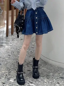 Women Denim A-Line Skirt High Waisted Fashionable Blue Single Breasted Pleated Lady Mini Jupe 2026 Spring Summer