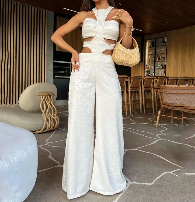 New Sexy Temperament Summer Elegant Sleeveless Fashion Hanging Neck Style Hollow Out Design Feeling Wide Leg Jumpsuit for Women