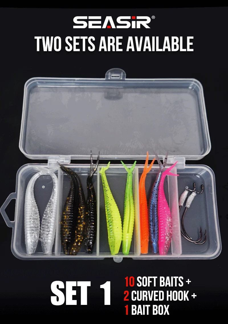 SEASIR 12-teiliges weiches Köder-Köder-Set, 10-teilig, weicher Köder, 2 gebogene Haken, 8 Farben, 1,8 g, 7 cm, inklusive Köder-Box, Angelköder-Set – Detail 1