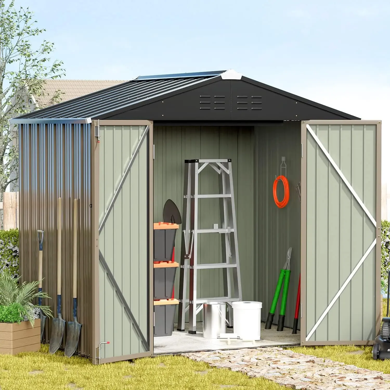 

Metal Outdoor Storage Shed 8FT x 6FT Steel Utility Tool Shed Storage House with Door & Lock