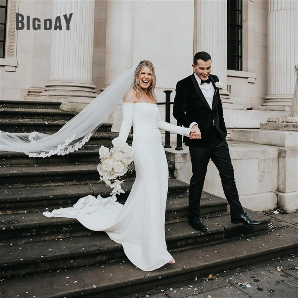 

Elegant Mermaid Wedding Dress Long Sleeve Off The Shoulder Strapless Open Back Buttons Bridal Gown Sweep Train Vestidos De Noiva