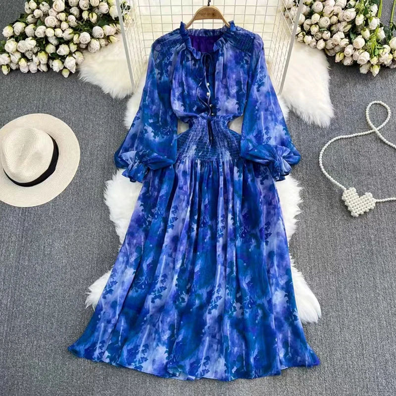 French Light Luxury Hepburn Style Tie-dye Dress Elastic High Waist Slim A-line Vestidos Oil Painting Printed Elegant Dress Women