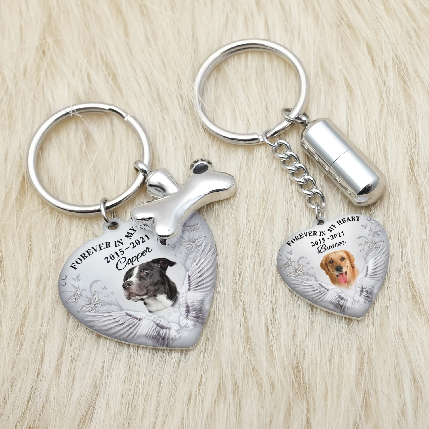 Chaveiro de urna personalizado Pet Photo Keychain Recipiente de cinzas Corrente chave de urna de cachorro Cilindro de gato Chaveiro de urna de cremação Jóias