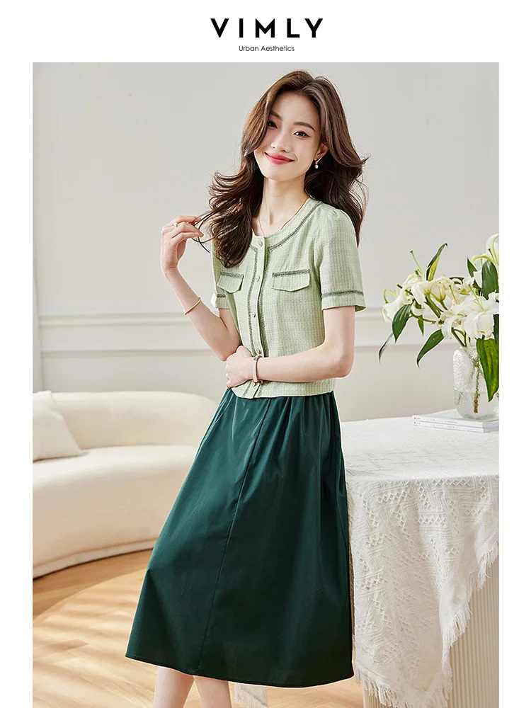 Vimly 2 Piece Sets Womens Outfits 2023 Summer Elegant Short Sleeve Blouse Tops A Line Green Midi Skirts New In Matching Sets vimly summer casual two piece pant sets womens outfits 2023 cotton collared v neck striped t shirt straight wide leg pants m1699