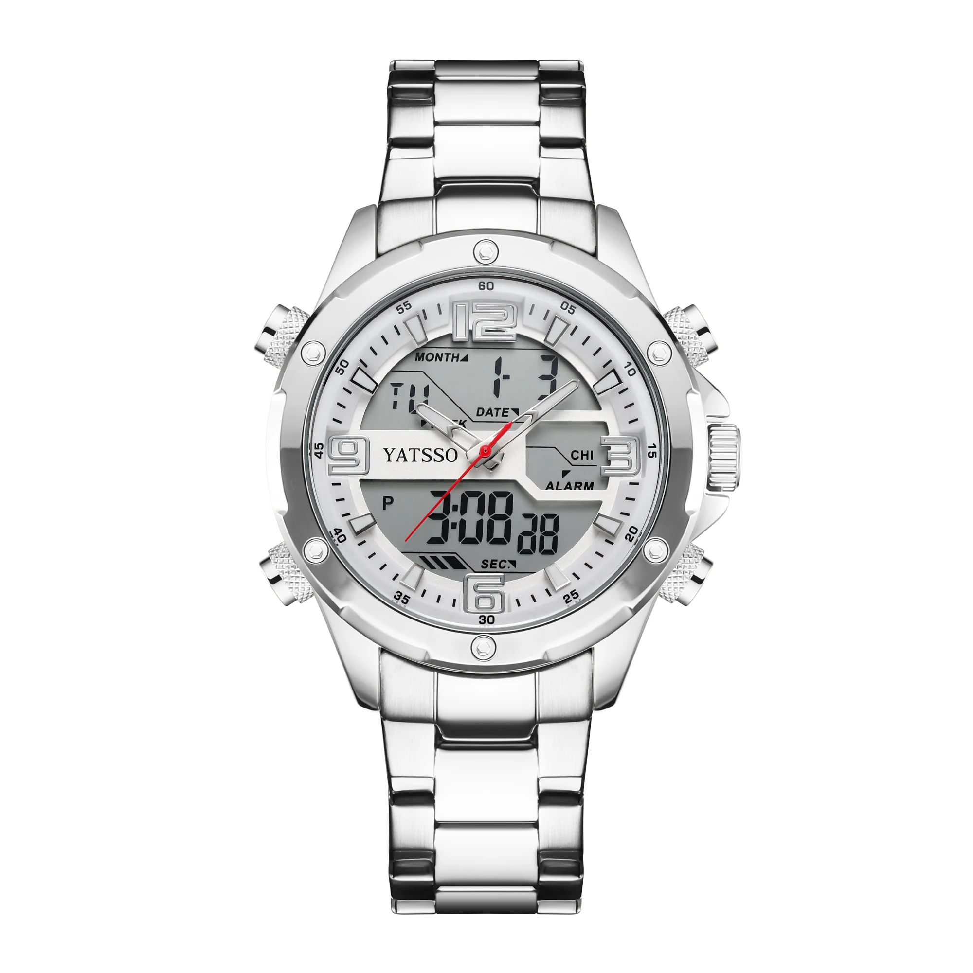 Men's Dual Movement Hybrid Watch - 45mm Alloy Case with Steel Band, Luminous Hands, Alarm, Date Display, and 5ATM Water Resistance