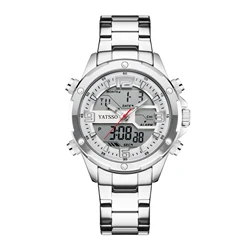 Men's Dual Movement Hybrid Watch - 45mm Alloy Case with Steel Band, Luminous Hands, Alarm, Date Display, and 5ATM Water Resistance (1884 SLIVER)