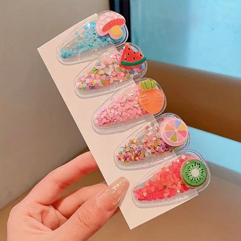 Children&rsquo;s Fruit Cartoon Hair Clips Girls Cute Glitter Decorative Accessories Sand Flow BB Headwear Bangs hair accessories