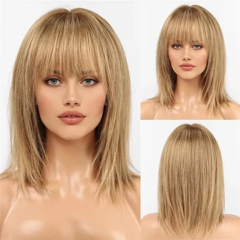 12 Inch Human Hair Wigs with Bangs Short Straight Wig for Women 100% Remy Hair Wigs Ombre Light Brown Layered Hair Daily Wear 1