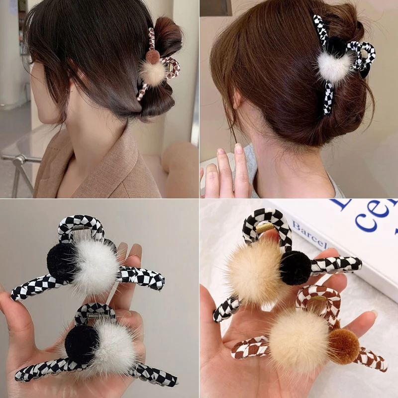 KoreanPlushBallHairClawsforWomenVintageChessboardHairClips