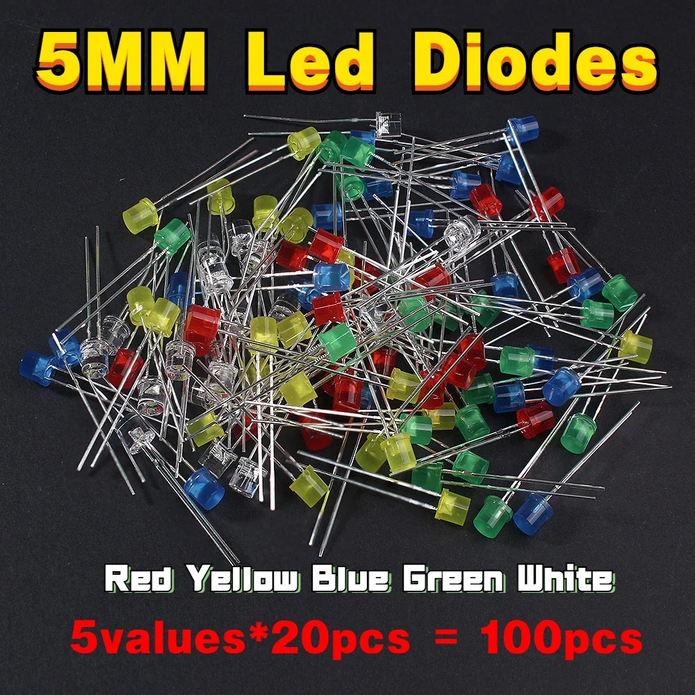 LED 다이오드 키트 조명 모음 패키지, 플랫 LED 조명, 다이오드 세트, 빨간색, 노란색, 파란색, 녹색, 흰색, F5, 5mm, 100 개