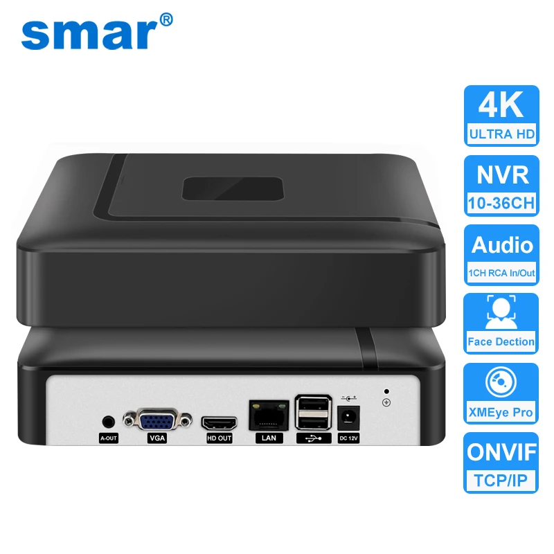Smar H.265 CCTV NVR Face Detection 10CH 16CH 32CH 36CH Max 4K Output Security Video Recorder Motion Detect P2P Onvif XMEye APP