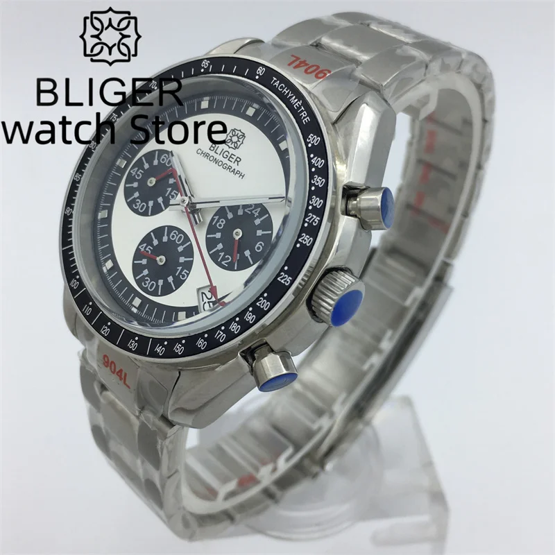 Bliger40mm quartz multifunctional men's watch Steel bracelet Sapphire Glass VK63 Movement green luminous dial