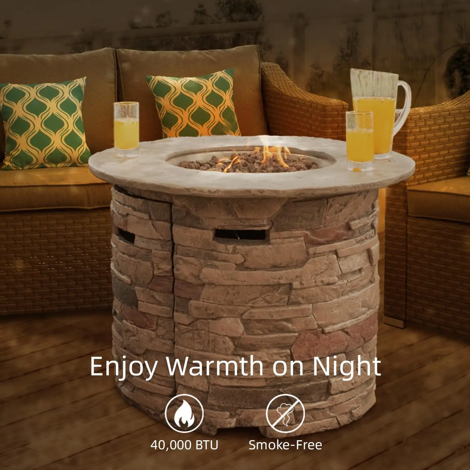 Outdoor Fire Pit Propane Round Pit Table Column Stonecrest 40,000 BTU Gas for Outside with Lava Rocks