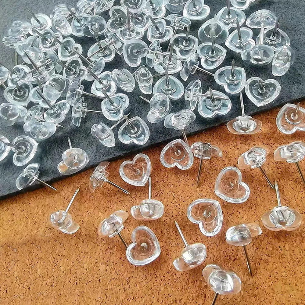 50/100PCS Transparent Love Heart Push Pins Peach Heart L-beam Nails Wall