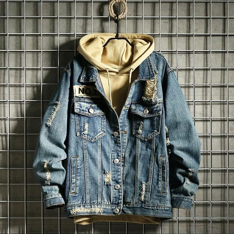 

Male Jean Coats Vintage Japanese Men's Denim Jacket Washed Patch Ripped with Hole Free Shipping Fashion Joker Clothing Low Cost