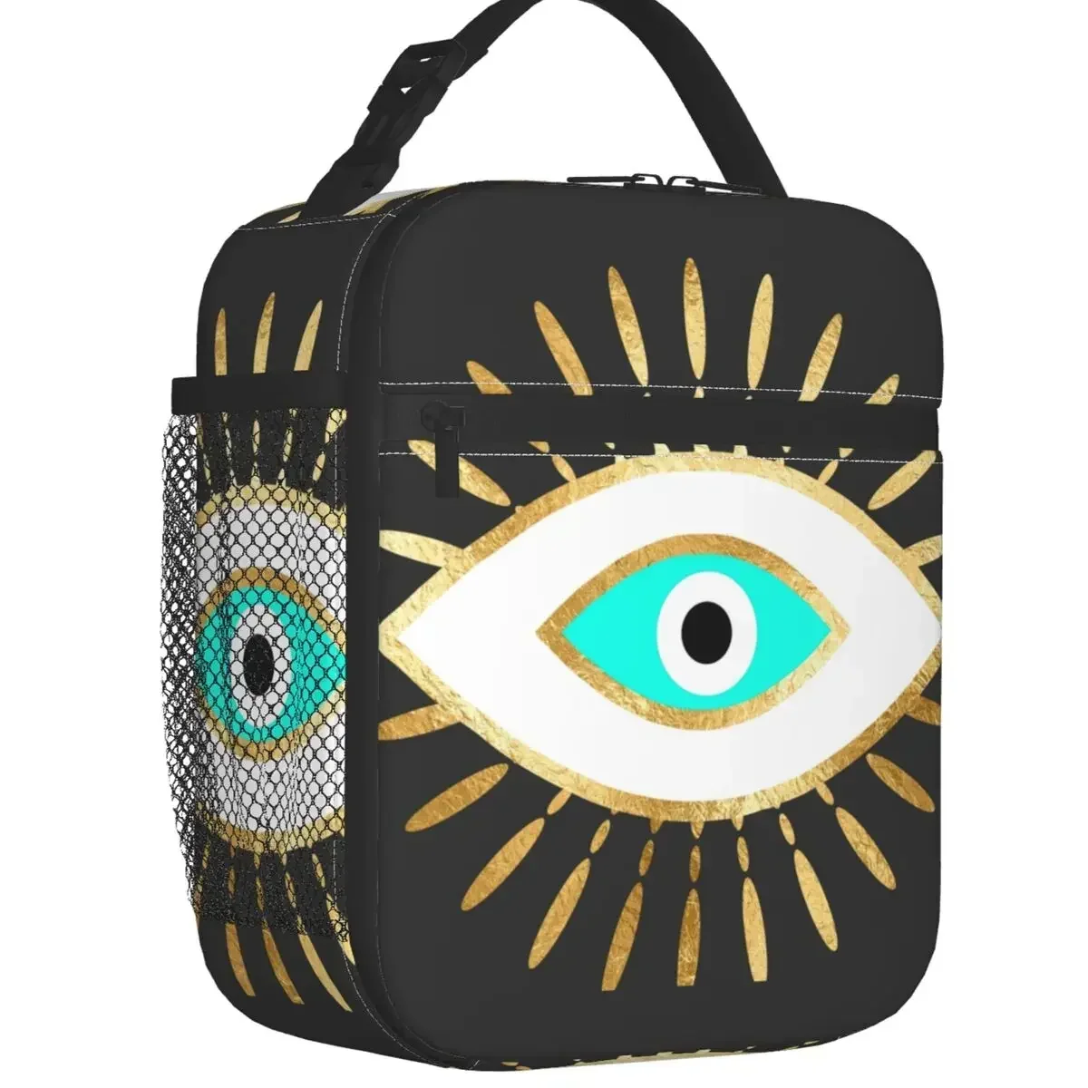 

Boho Evil Eye Artwork Insulated Lunch Tote Bag Lotus Golden Amulet Nazar Resuable Cooler Thermal Bento Box Outdoor Camp Travel