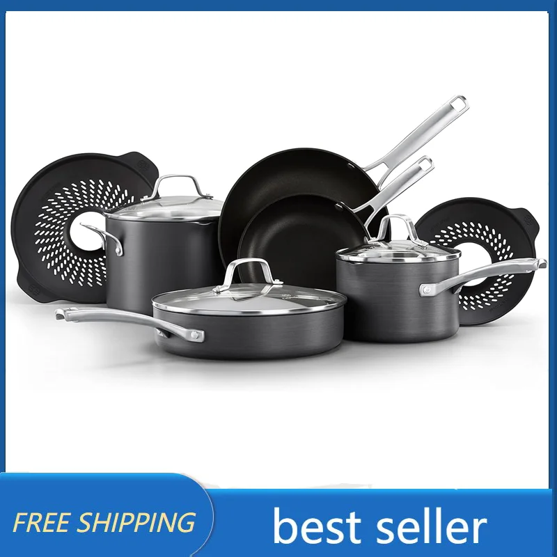 

Домашний/кухонный набор посуды Calphalon, Классическая твердая анодированная Антипригарная посуда, набор из 10 кастрюль и сковородок с вставками без кипячения