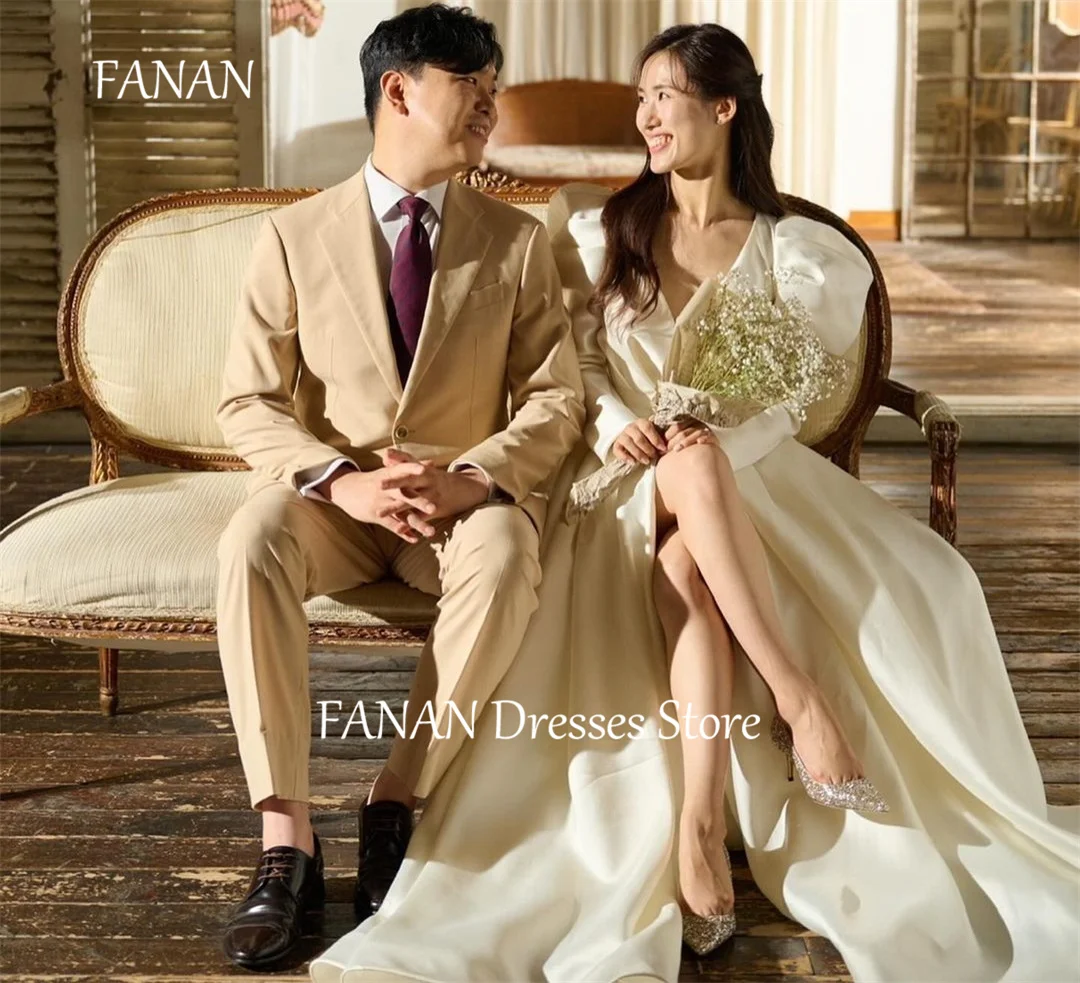 

FANAN Korea Elegant Ivory Deep V-Neck A-Line Wedding Dresses 웨딩드레스 Sexy Slit Puff Sleeves Custom Made Bride Gowns Plus Size