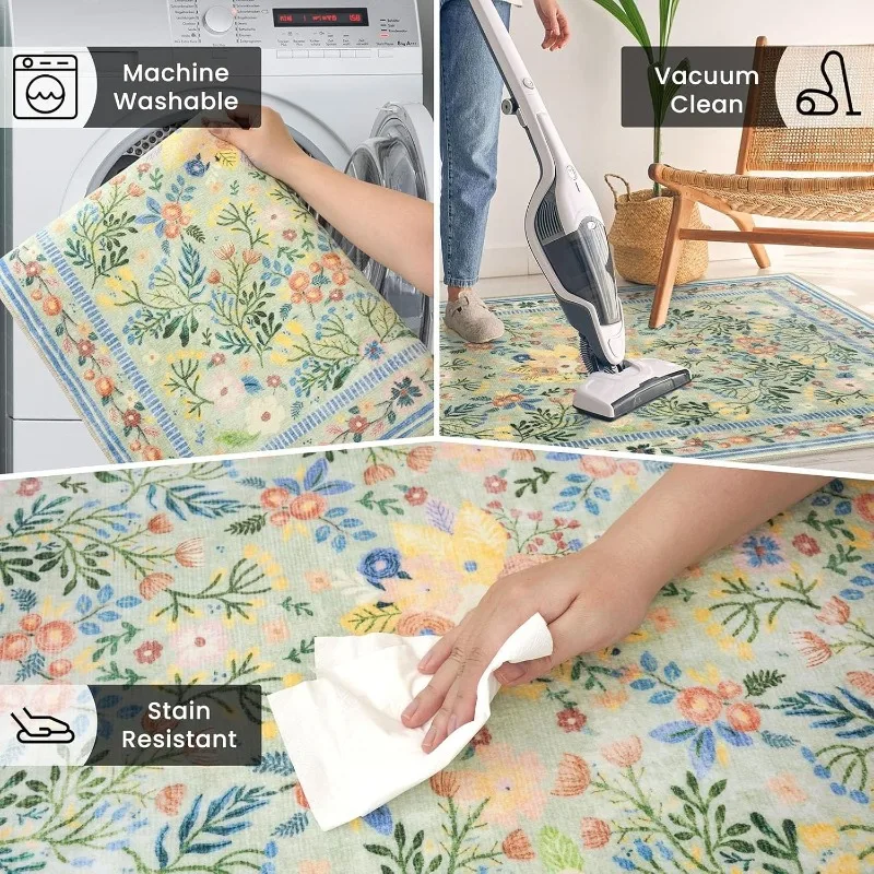 Black Vintage Living Room Carpet Large Area Plant Floral Print Bedroom Rug Machine Washable Non-slip Soft Coffee Table Mat Tapis