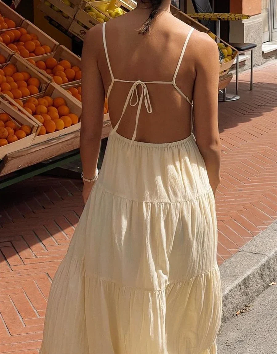 

Beach Style Low Open Back Tie Up Maxi Dress Women Chest Wrap Sleeveless Tiered Long Dresses Boho Holiday Club Party Vestidos