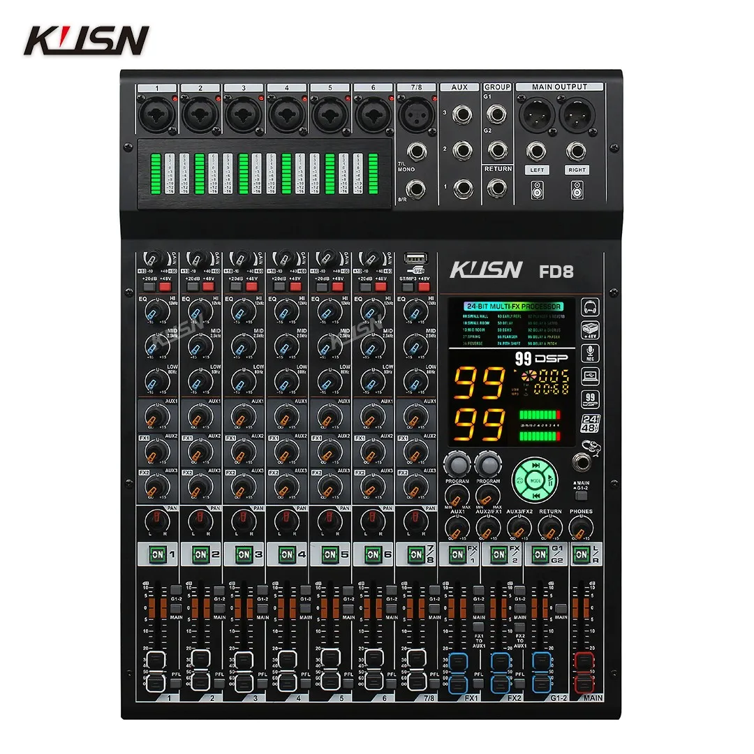 8채널 오디오 믹서 2*99 DSP 3그룹 Aux 송신 디지털 전문 콘솔 사운드 믹서 콘솔 블루투스 MP3 USB 지원