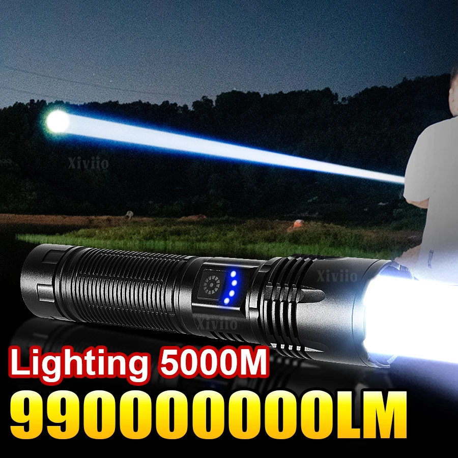 990000000LM LED 강력한 조명 손전등 휴대용 충전식 램프 내장 배터리 장거리 전술 랜턴 야외 조명