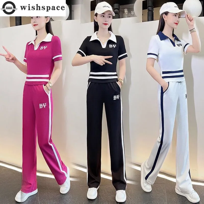 Korean Polo Neck Short Sleeved T-shirt Long Pants Two-piece Elegant Women's Pants Set Elegant Women's Running Sports Set Outfits