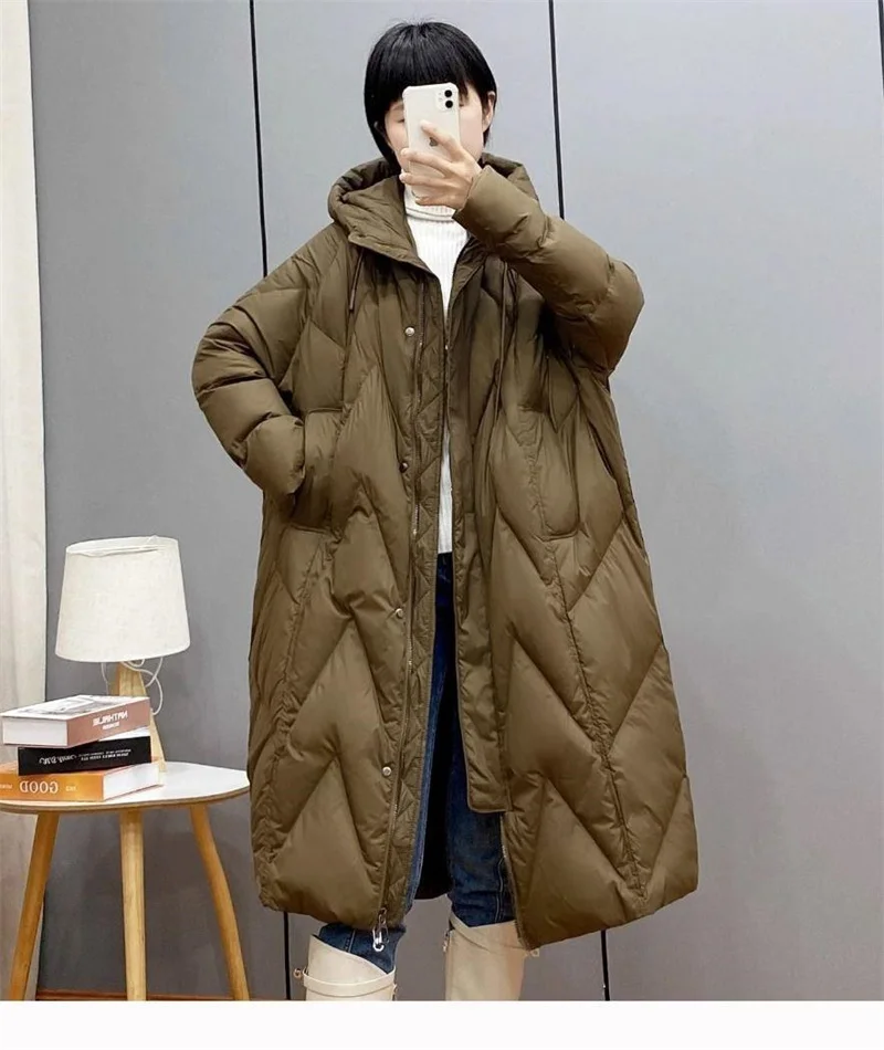 Retro Commuting Loose And Thick Down Cotton jacket for women, New Over The Knee long Plus Size Hooded Parka Winter Outwear Red