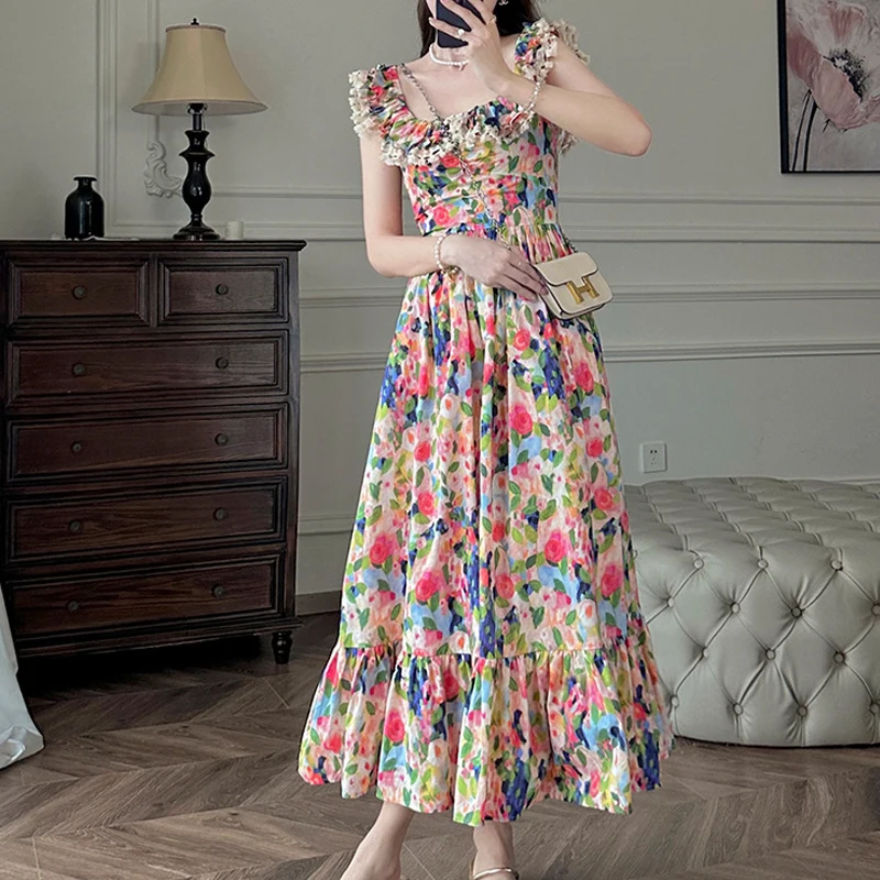 

Casual Sleeveless Off Shoulder Ruffle Dress Summer Colorful Print Floral Dress Sweet Hollow Lace Splice Beach Resort Dress 27665