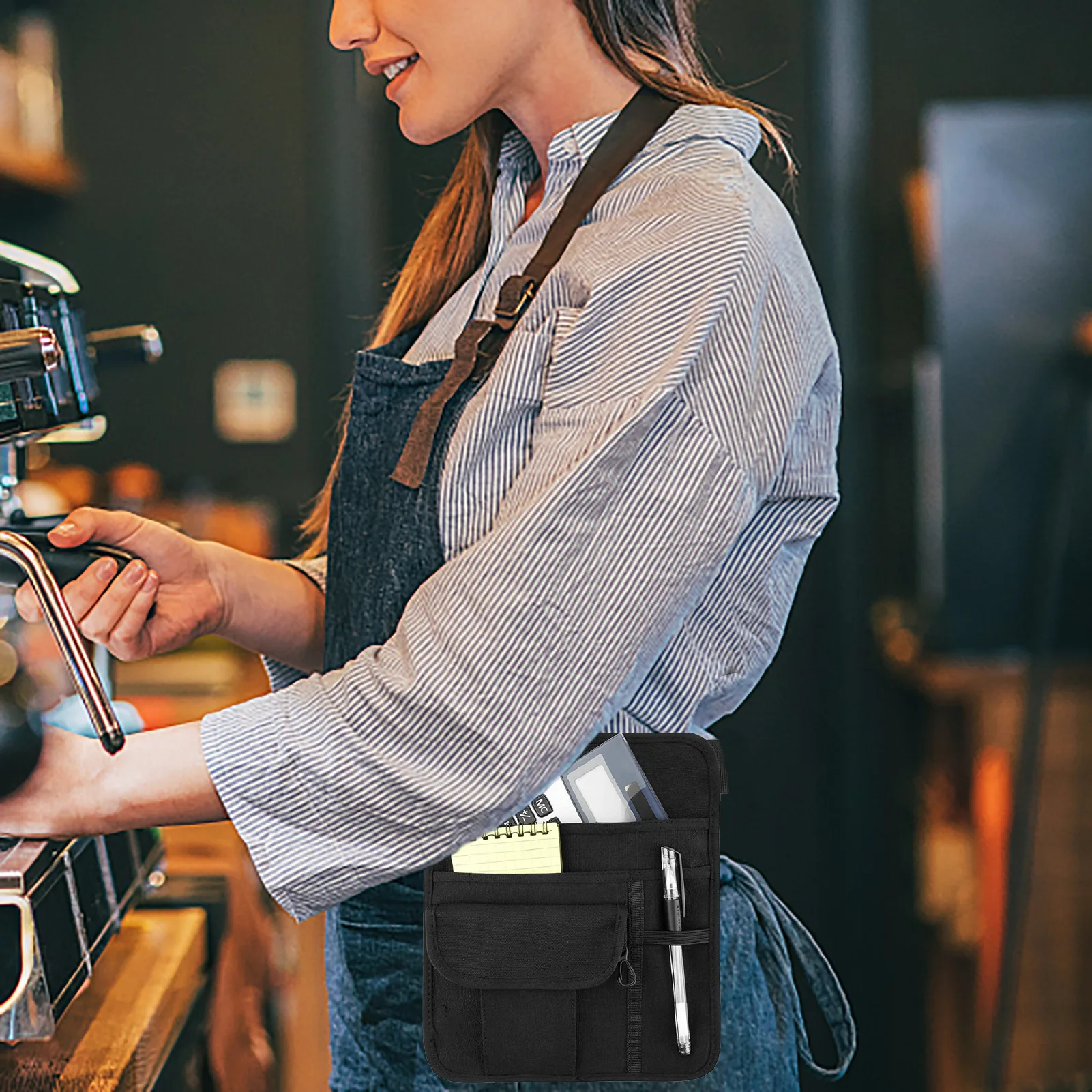 Restaurant Waiter Money Pocket Black Restaurant 5-pocket Apron Pocket Organizer With Adjustable Waist Strap Belt For Bars Cafes tool pouch belt