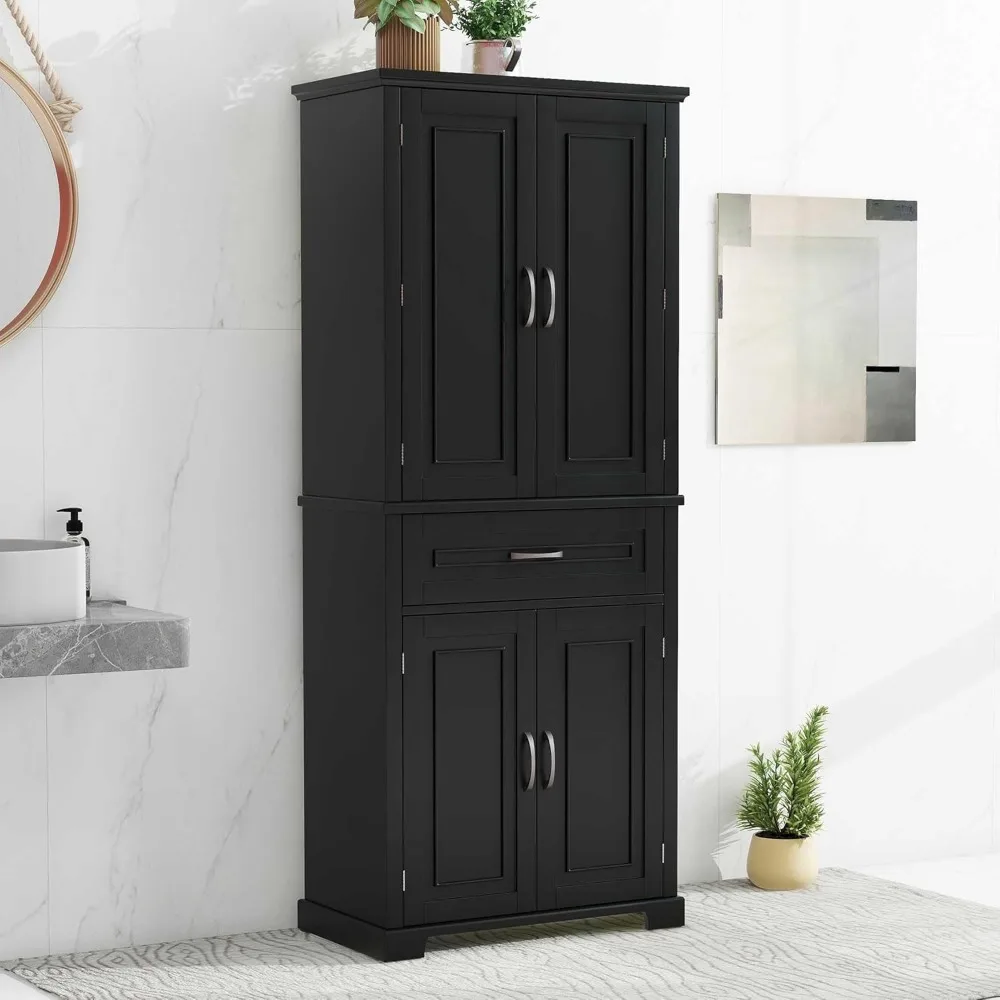 Storage Cabinet with Doors and Drawer, Pantry Cupboard with Rack Organizers Wide Display Shelf for Bathroom or Kitchen, Black