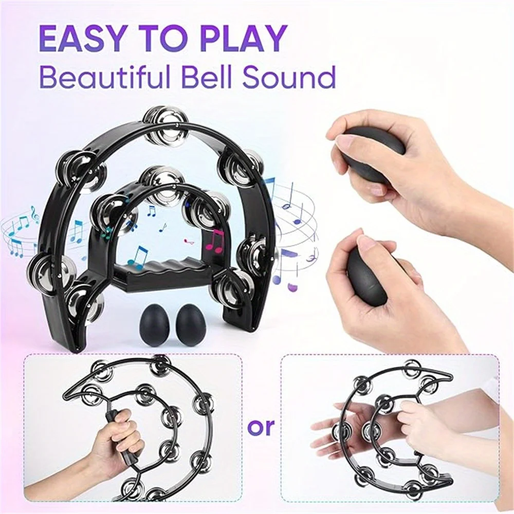 Half Moon Shaped Tambourine with Egg Shakers-Double Row Metal Jingles Handheld Bell Percussion Instrument for Dance Party KTV