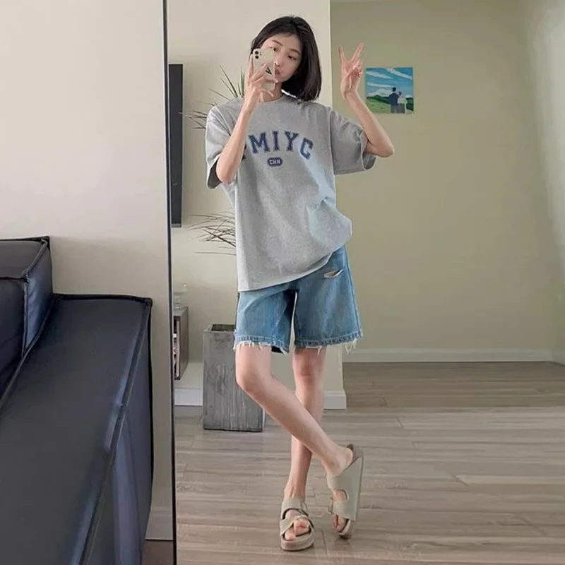 V79565 임신 바지 얇은 플러스 사이즈 느슨한 넓은 다리 데님 구멍 여름 슬림 캐주얼 출산 청바지 반바지 출산 바지