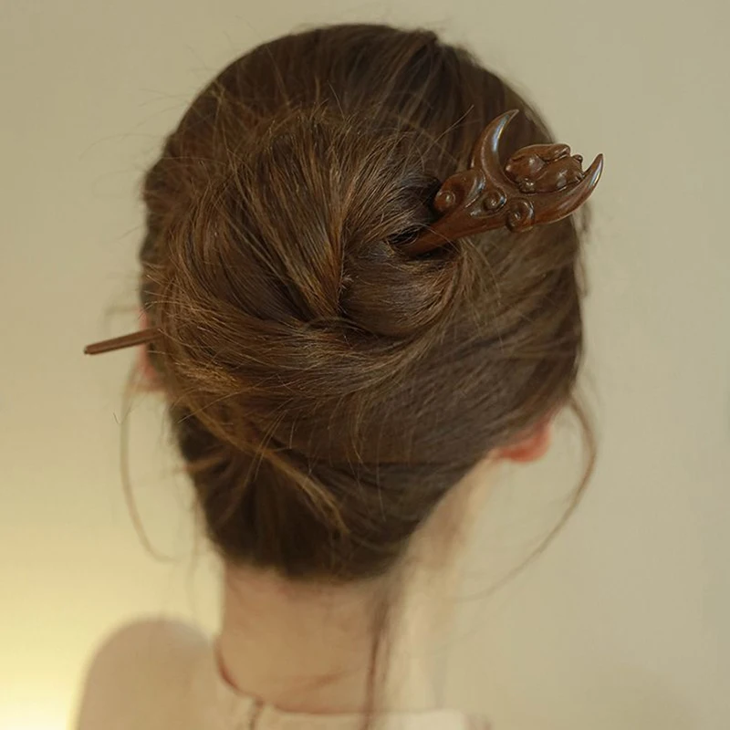 Chinese Style Vintage Wooden Rabbit Cat Moon Carved Chopsticks Hair Stick Hairpins Hanfu Headwear Women Girls Hair Accessory