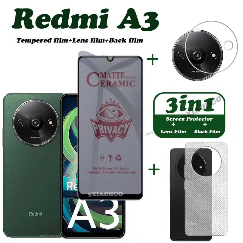 

3 в 1 для Redmi A3 противошпионское закаленное стекло мягкая пленка Redmi A3 защита для экрана + пленка для объектива + задняя пленка