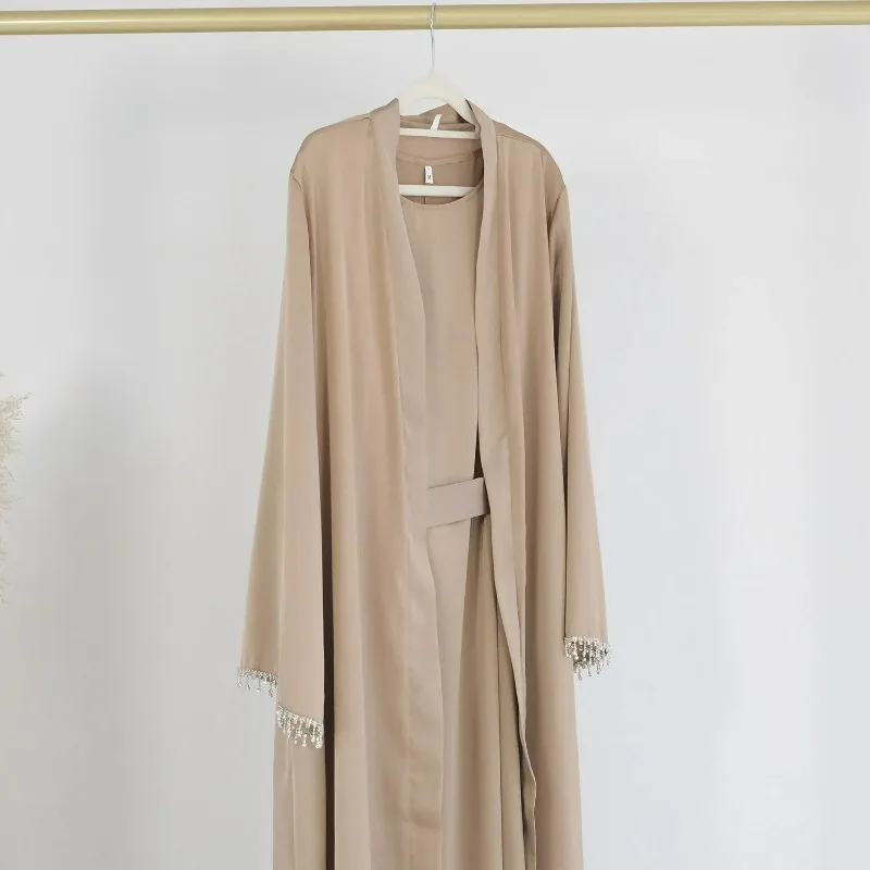 

Party Dresses Eid Muslim Women's Robe Abaya Dubai Rhinestone Fringe Cuff Cardigan Islamic Kaftan Femme