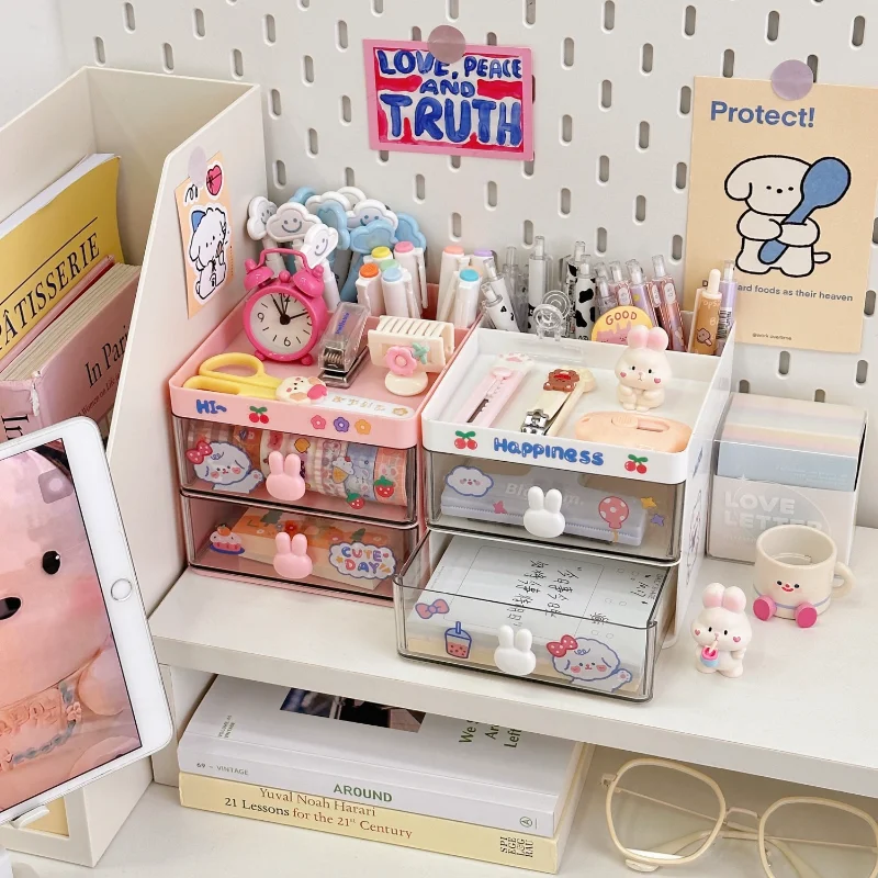 Cute Stationery Organizer Lovely Korean Fashion Pen Holder with Sticker Kawaii High Capacity Desktop Stationery Storage Box