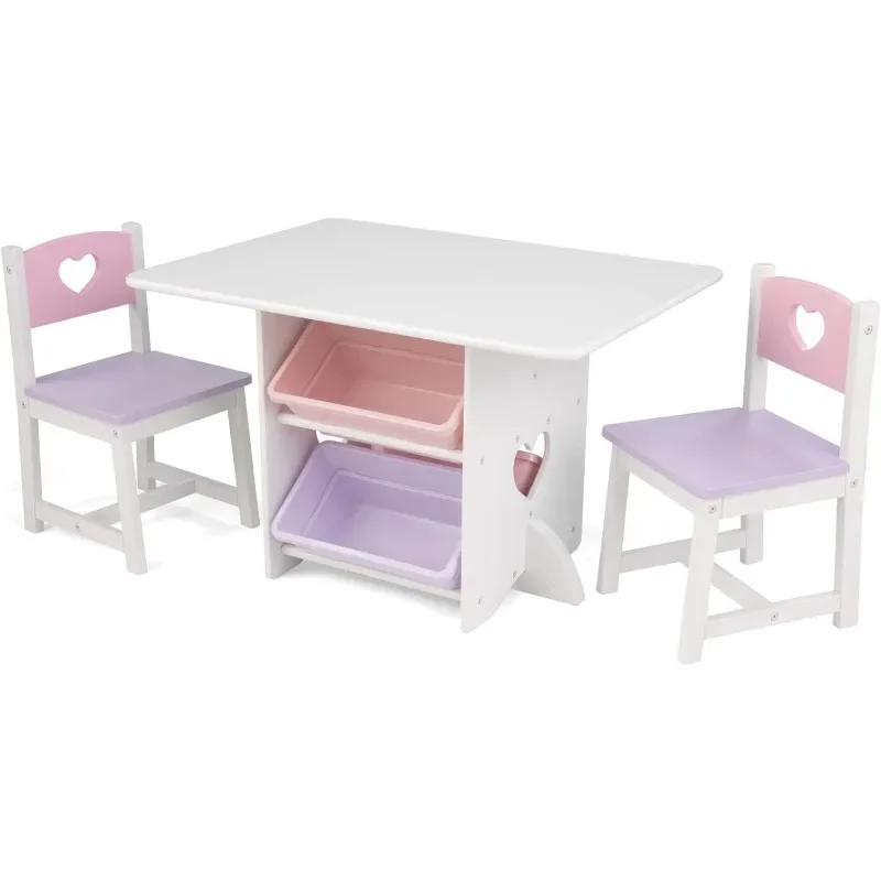

KidKraft Wooden Heart Table & Chair Set with 4 Storage Bins, Children's Furniture – Pink, Purple & White, Gift for Ages 3-8