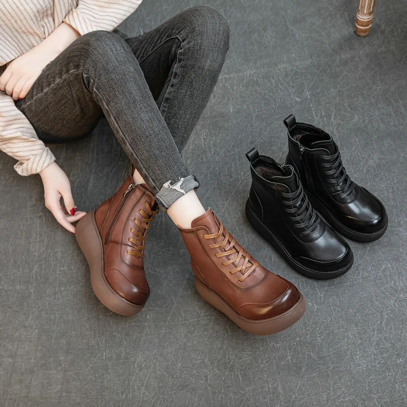 

Женские ботильоны из натуральной кожи, обувь ручной работы в ретро стиле, на толстой подошве, нескользящая обувь, Осень-зима