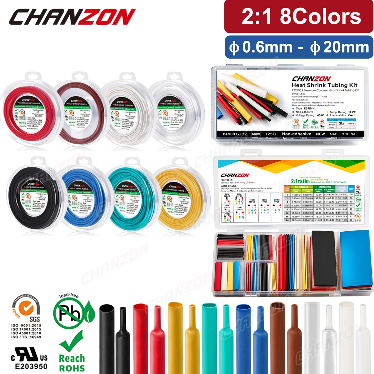 2:1 Multi Color Heat Shrik Tube Kit Heated Shrinking Wrap Tubing Tape Hose Wire Protector Assorted Clear Black White Heat-Shrink