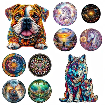 Dog Wooden Animal Puzzle for Adults Kids Uniquely Irregular Animal Wolf Shaped Jigsaw Puzzles Toys Christmas Gift Family Games