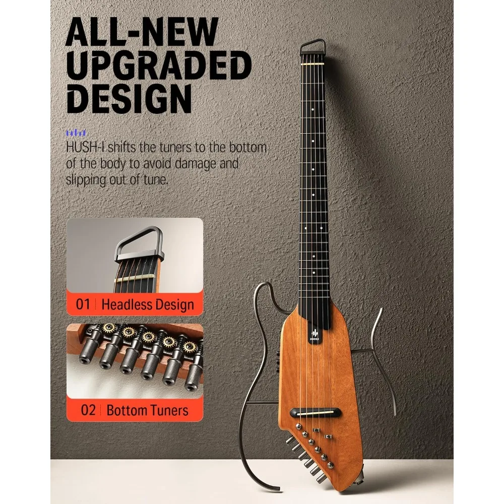 Guitar For Travel Portable-Light and Quiet Performance Headless Acoustic-Electric Guitar Mahogany Body with Removable Frames