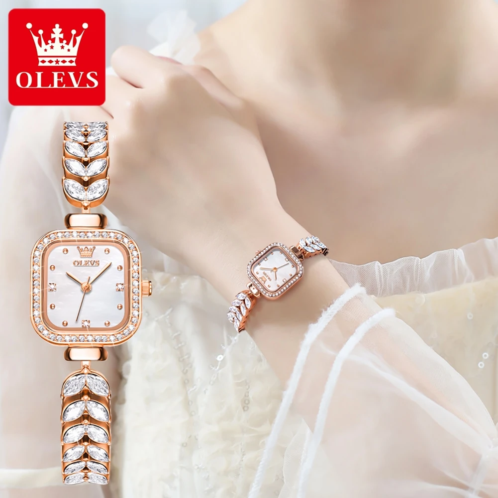 OLEVS Brand New Luxury Diamond Crystal Quartz Watch for Women Stainless Steel Waterproof Fashion Bracelet Square Watches Womens