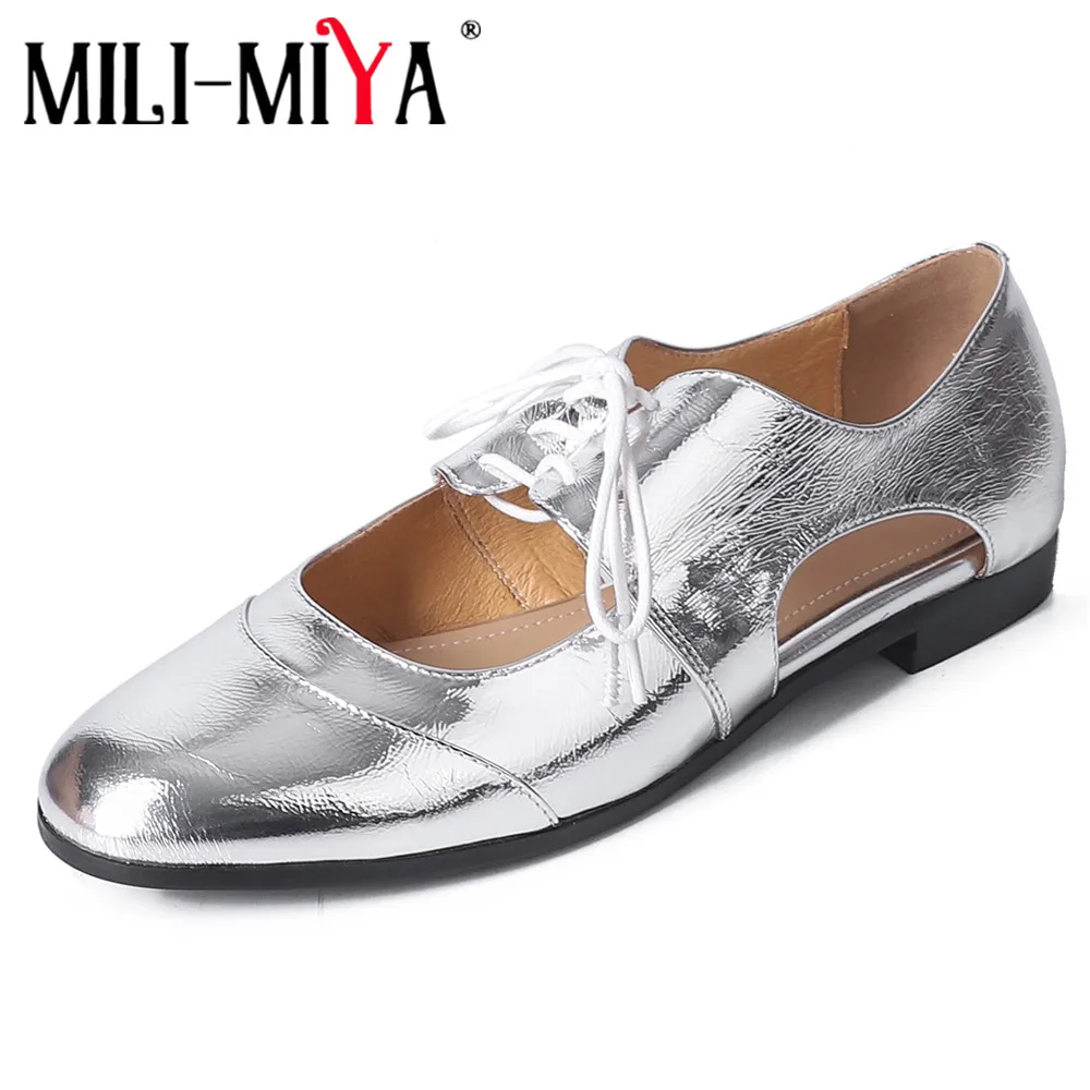 

MILI-MIYA New Arrival Leaky Instep Design Women Cow Leather Flats Lace Up Round Toe Solid Color Plus Size 34-40 Handmade